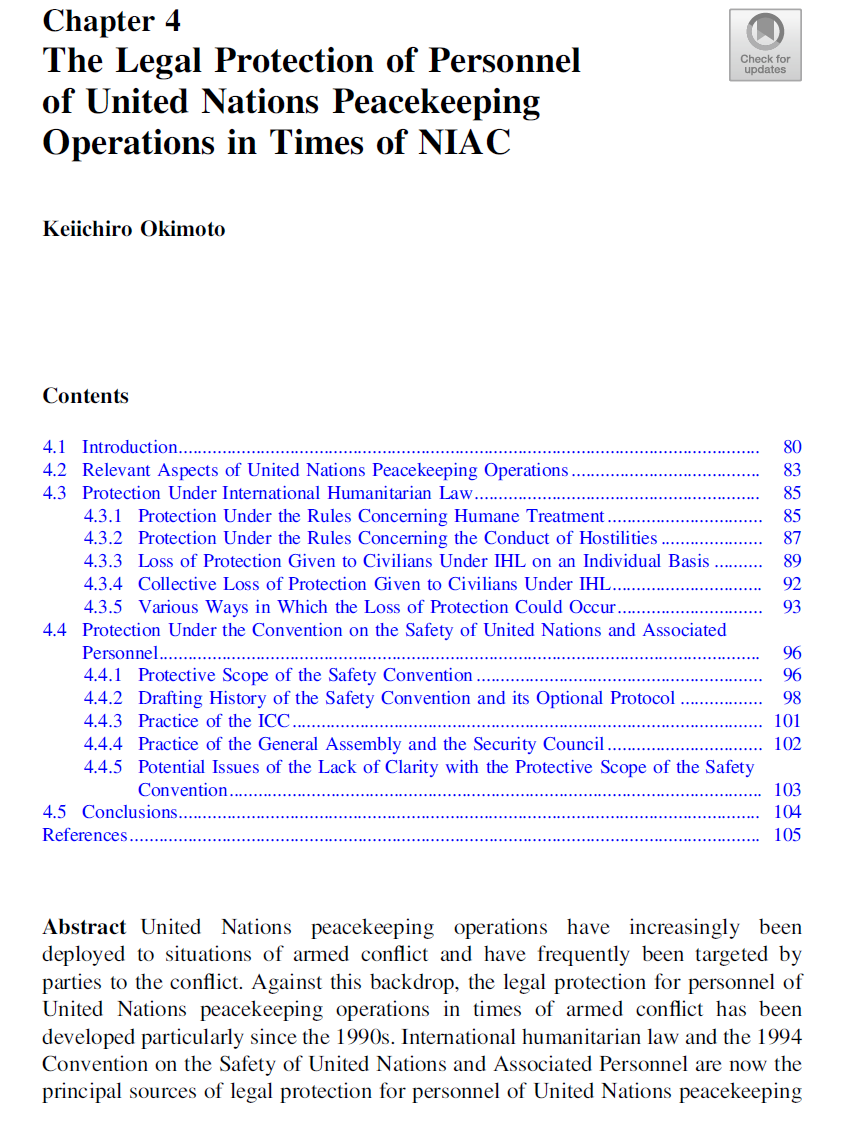 Dr. Ezequiel Heffes (@ezequiel_heffes) on Twitter photo Maybe a good time to re-read "The Legal Protection of Personnel of United Nations Peacekeeping Operations in Times of NIAC", by Keiichiro Okimoto, in International Humanitarian Law and Non-State Actors Debates, Law and Practice (<a href="/TMCAsser/">T.M.C. Asser Instituut</a> Press)👇
link.springer.com/chapter/10.100… Maybe a good time to re-read "The Legal Protection of Personnel of United Nations Peacekeeping Operations in Times of NIAC", by Keiichiro Okimoto, in International Humanitarian Law and Non-State Actors Debates, Law and Practice (<a href="/TMCAsser/">T.M.C. Asser Instituut</a> Press)👇
link.springer.com/chapter/10.100…