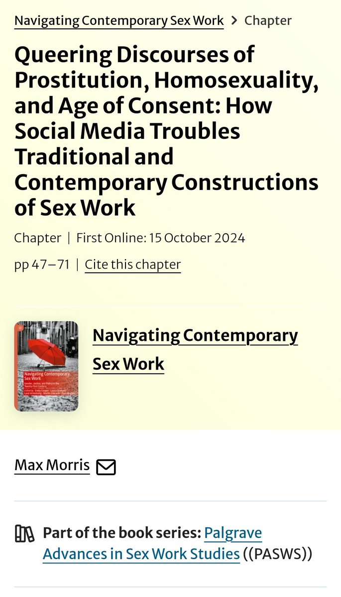 Max_Morris's tweet image. Delighted to have contributed to this edited collection on 'Navigating Contemporary Sex Work'. 📖
Grateful to the editors, especially @criminographer, @LauraGraham86 and @DrLynziA for their thoughtful feedback on drafts and regular check-ins. 🌟
Out today: link.springer.com/chapter/10.100…