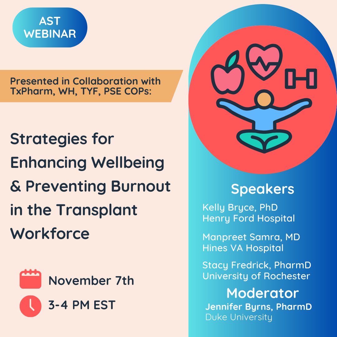 Don't miss out on this webinar on how to tackle work life balance in the field of solid organ transplant!

Sign up here: us06web.zoom.us/webinar/regist…