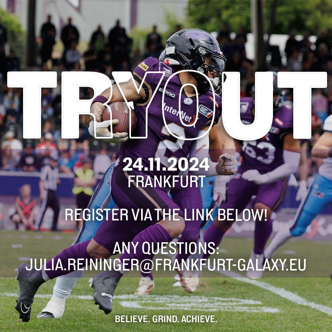 // TRYOUT // 

Do you want to be part of the Galaxy? 

Join our tryout on the 24th of November. More Information about the schedule and location will be announced soon 🏈

Register through the link in our bio or website to apply for a spot!*

*Sign-Up-Deadline is November 10th