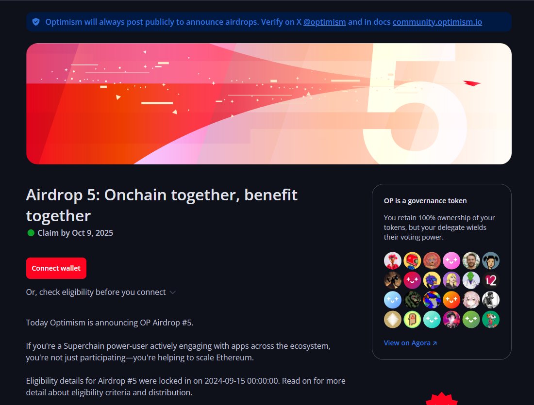 Optimism第五期空投
主要是Superchain相關
有delegate OP、完成過OP quest等條件有Bonus
可以查查看

網址: app.optimism.io/airdrops/5

<a href="/Optimism/">Optimism</a> <a href="/OptimismGov/">Optimism Governance</a> #Airdrop