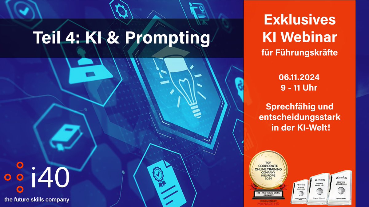 KI &amp; Prompting: Webinar für Führungskräfte (auch ohne Vorkenntnisse)

💡In zwei Stunden verstehen, wie KI mithilfe von gutem Prompting ihr volles Potential entfaltet. 

Anmeldung und mehr Informationen: tinyurl.com/56d5vmex

#GenerativeAI #prompting #chatgpt