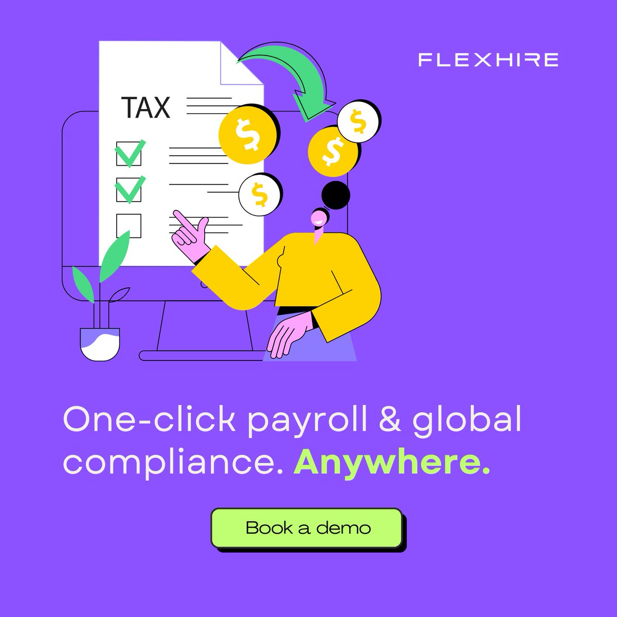 Flexhire's tweet photo. Effortless team payments with flexible schedules and a single click 💸✨

Forget the hassle—1099s, payslips, taxes? We’ve got that handled. Flexhire makes global payroll smooth and stress-free.

Why wait? Book a demo and see how easy it can be! https://t.co/2LuuMJYu2M