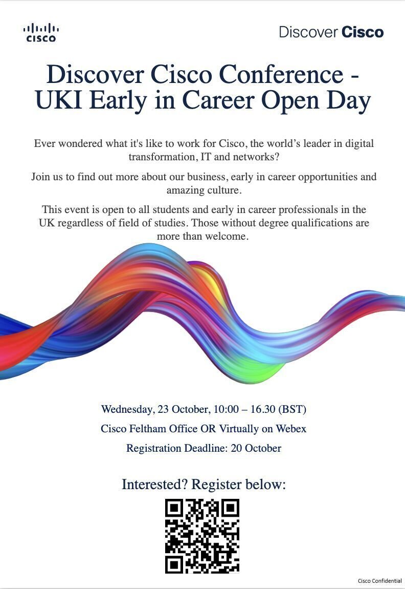 choosecompscihq's tweet image. Do you know any young person in S5/6 interested in knowing what it is like to work for @CISCOUKI the world leaders in digital transformation, IT and networks? Virtual event 23rd 10am - 4:30pm. Register deadline 20th Oct.
jobs.cisco.com/jobs/IsAnEvent…
#ChooseComputingScience