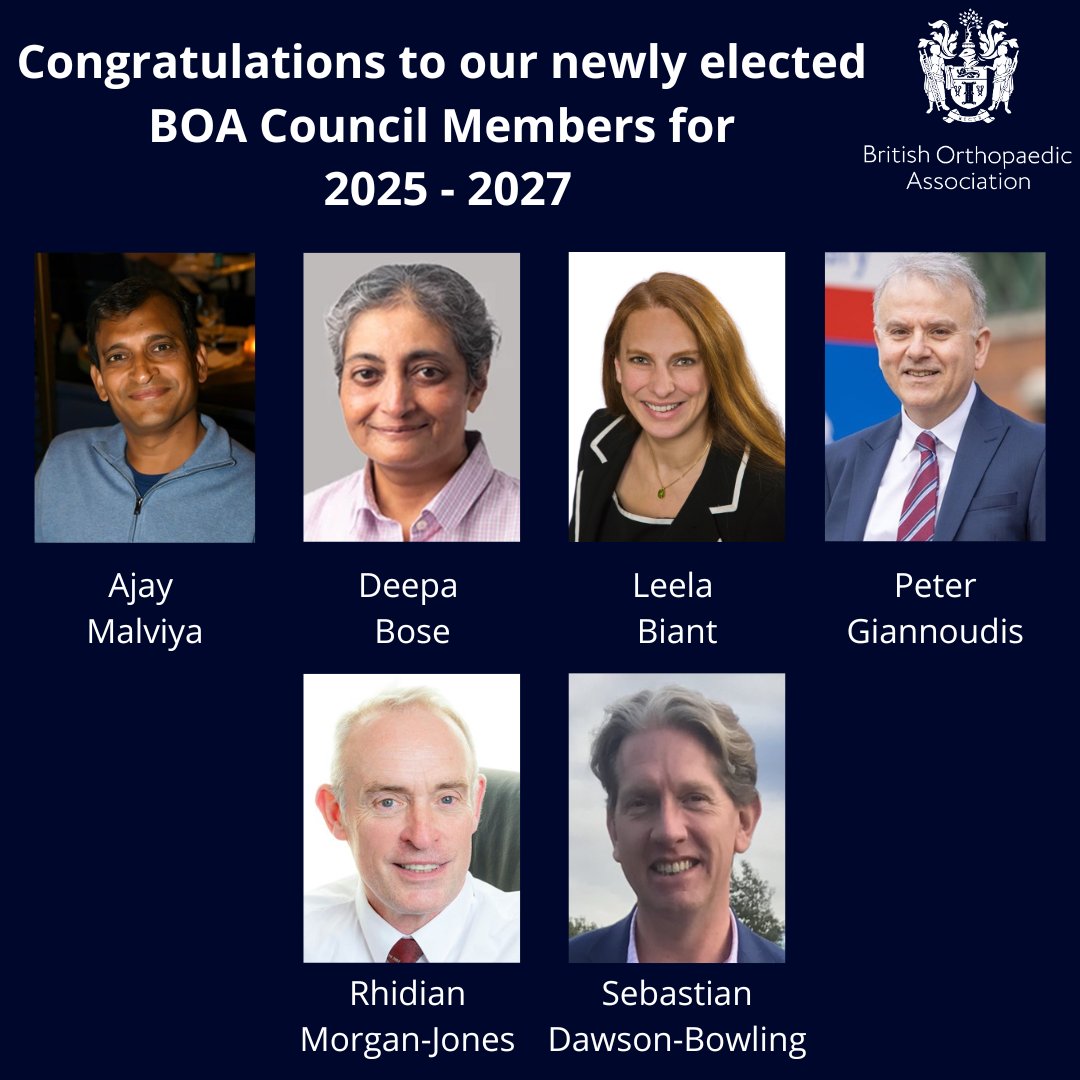 Please join us in congratulating our newly elected BOA Council members for 2025 - 2027! Ajay Malviya, Deepa Bose, Leela Biant, Peter Giannoudis, Rhidian Morgan-Jones and Sebastian Dawson-Bowling. Want to know more about the BOA Council? Visit boa.ac.uk/about-us/gover…