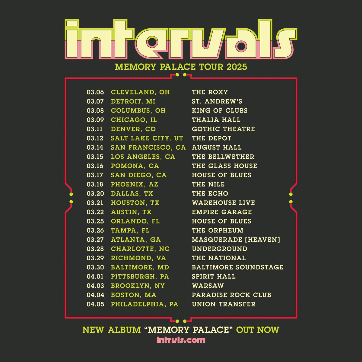 𝐌𝐄𝐌𝐎𝐑𝐘 𝐏𝐀𝐋𝐀𝐂𝐄 𝐓𝐎𝐔𝐑 𝟐𝟎𝟐𝟓 🧠🏛️

w/ @volaband &amp; <a href="/davidmaximmicic/">David Maxim Micic</a> 

⌛️ VIP on sale NOW ⛓️ intrvls.com ⛓️
🧬 <a href="/Spotify/">Spotify</a> presale 5/16 2pm EST
🪬 GA 🎫 on sale 5/18 10am local time