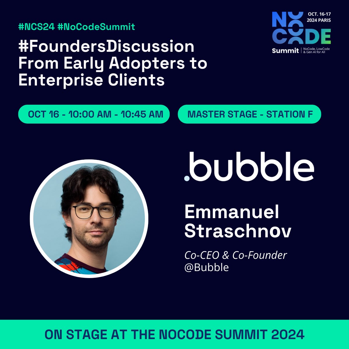 estraschnov's tweet image. I&apos;m thrilled to be joining the Founders Discussion at #NoCodeSummit #NCS24 on Wednesday! Bubble is a Gold sponsor of this year&apos;s conference and we&apos;ll have a booth onsite throughout the conference. Come check it out and meet the team. Hope to see you there!