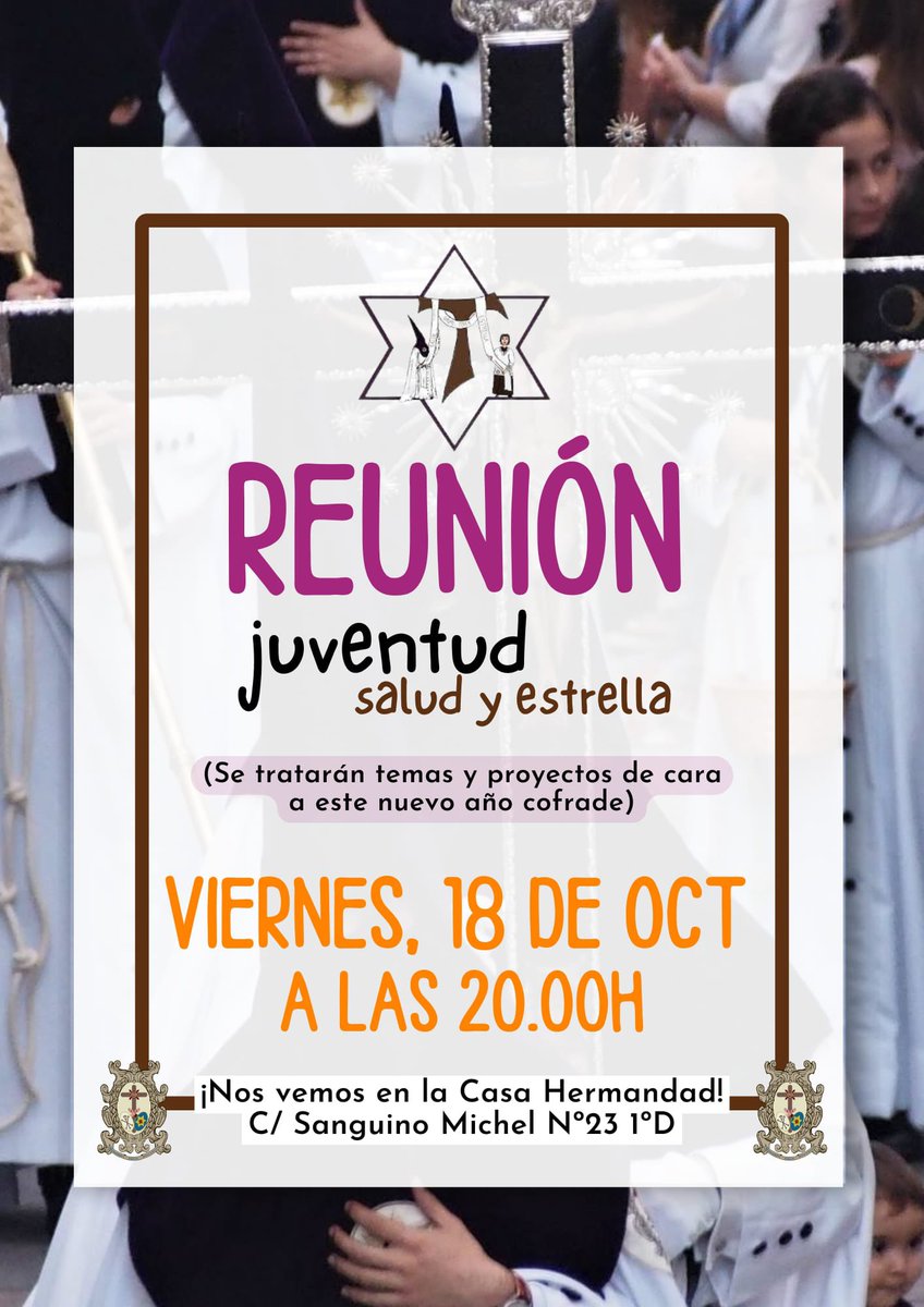 Este viernes 18 de octubre, a las 20:00H, nuestro Grupo Joven tendrá una reunión para abordar y tratar temas de cara a este nuevo curso cofrade que afrontamos con mucha ilusión. 
La reunión se llevará a cabo en la Casa de Hermandad.
C/Sanguino Michel Nº23  1ºD
Os esperamos!!!!