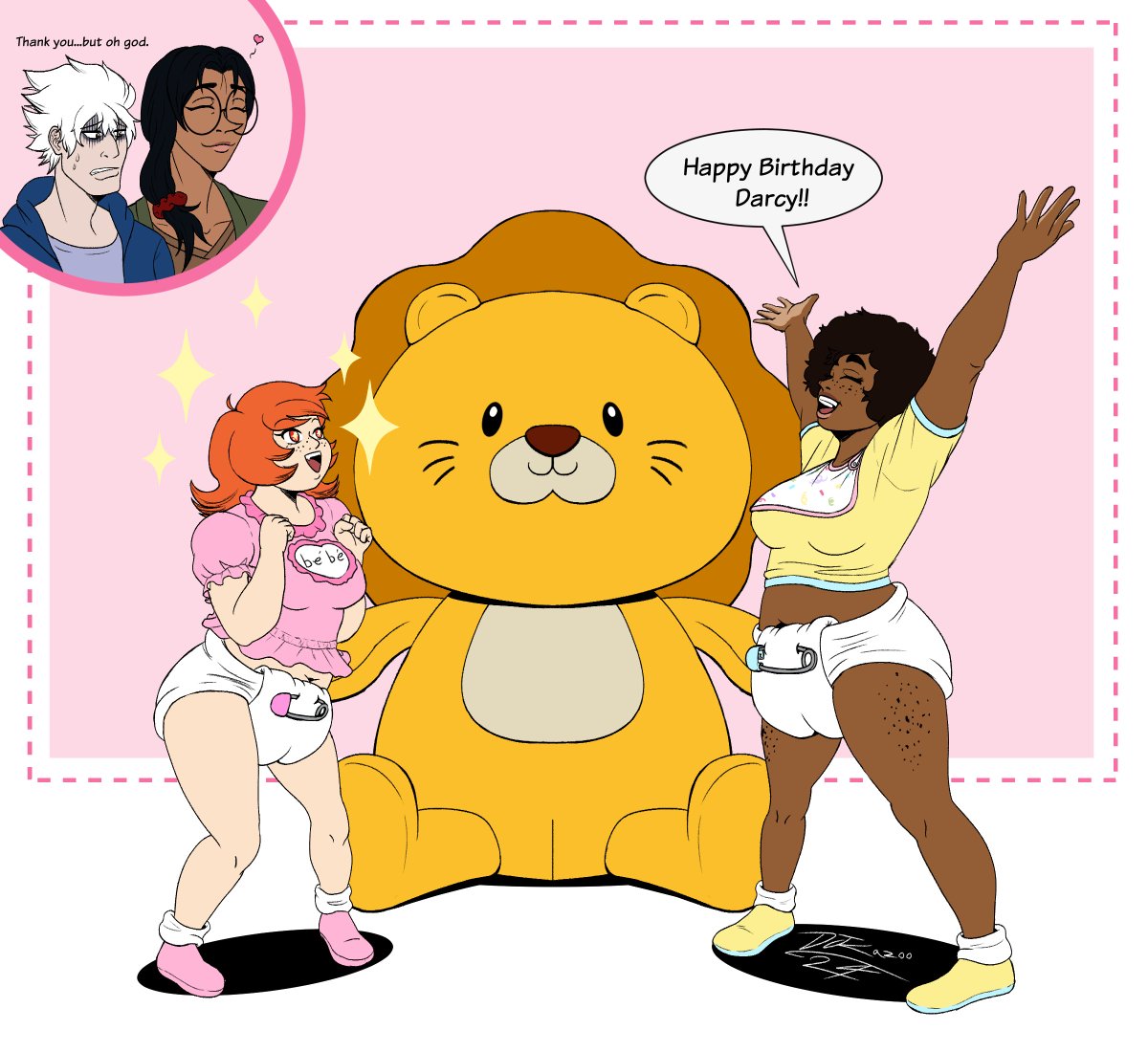 A slightly belated birthday gift for <a href="/TheBoyFromLimb1/">TheGhostFromLimbo</a> featuring their OC Darcy receiving a rather large gift from Rosa, while Simon looks on with dread and Mariah looks on with joy.

Happy Birthday Limbo! 🥳🎂🎊

 #ABDL #abdl #ABDLart #DiaperArt