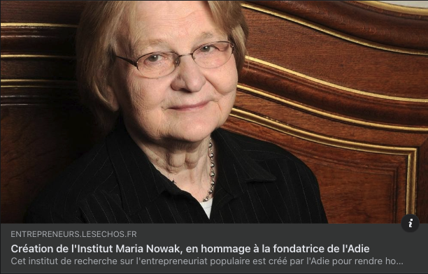 L’Adie inaugure un institut de recherches sur l'#entrepreneuriat populaire, qui portera le nom de sa fondatrice Maria Nowak. <a href="/Eva_Aronica/">Eva.Aronica</a> consacre un article dans <a href="/LesEchos/">Les Echos</a> à l’héritage moral et intellectuel de la « banquière de l'espoir ». tinyurl.com/36jvwwzt