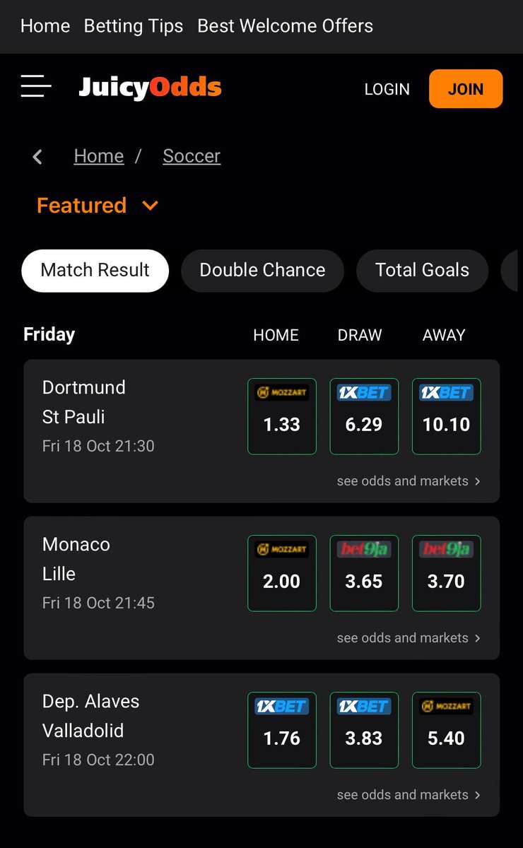 Our Nigeria platform is looking very Juicy with new bookies!!!
<a href="/Bet9jaOfficial/">Bet9ja: The home of #betBOOM! 💣</a>  <a href="/mozzartbetng/">Mozzart Bet Nigeria</a>  <a href="/1xOfficial_ng/">1xBet Official Nigeria</a> 

JuicyOdds will only promote the best licensed bookies in Nigeria.🇳🇬

#BiggerOddsBiggerWins