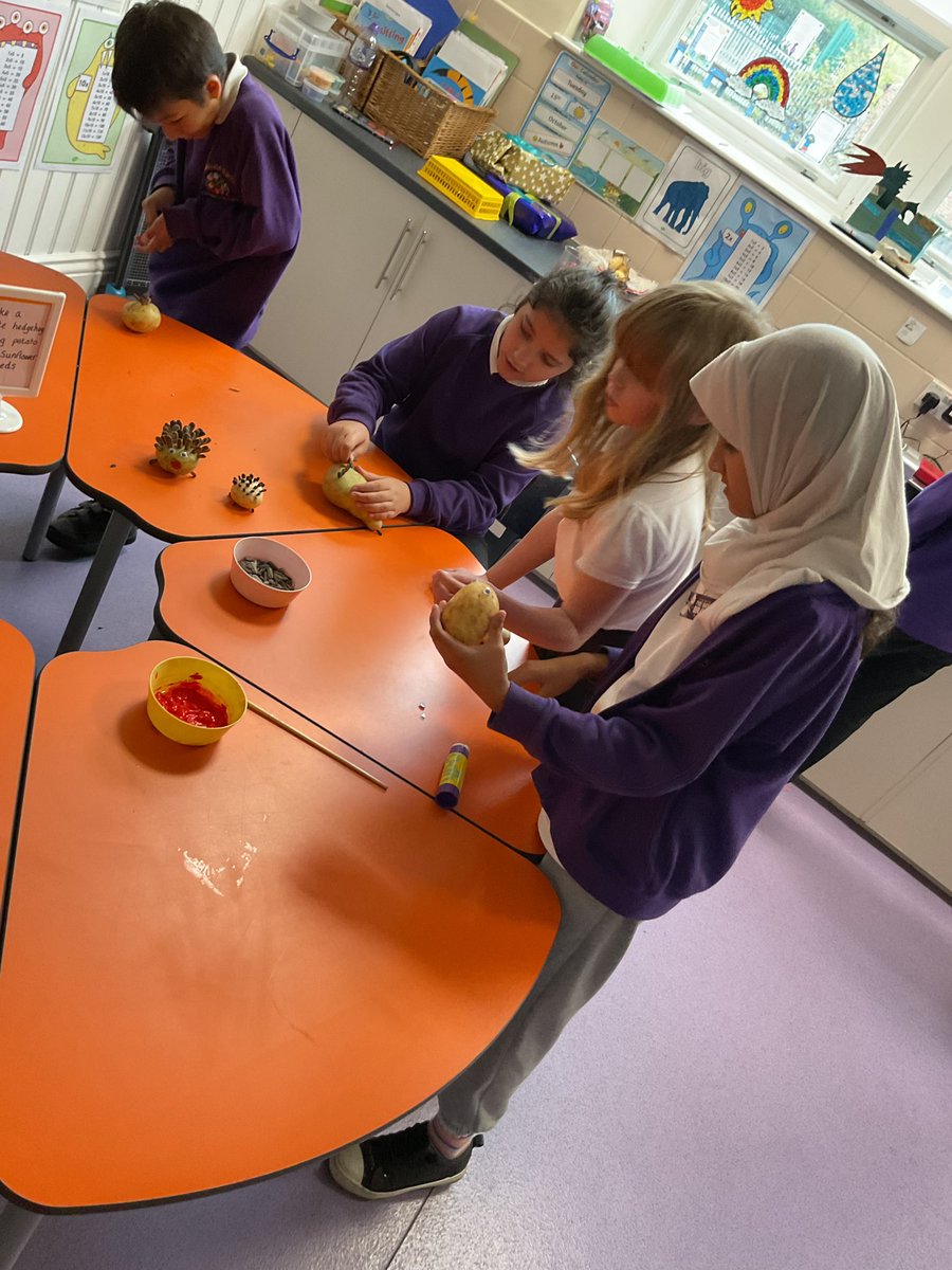 ParkRoadJIandN's tweet photo. Children in UKS2 enjoyed creating their own hedgehogs, from a potato and sunflower seeds 🦔 It was a lovely opportunity to create something special with their friends #thriveapproach https://t.co/E4xSQquTnm