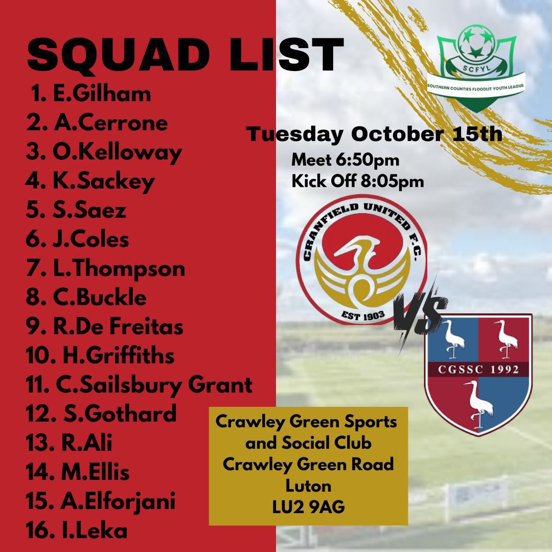 Good luck to our U18s in partnership with <a href="/LeonBarnettFA/">Leon Barnett Football Academy</a>, who are in action this evening against <a href="/CGFC2024/">Crawley Green FC</a> U18s!

#UpTheCranes 🏗️🏗️🏗️
