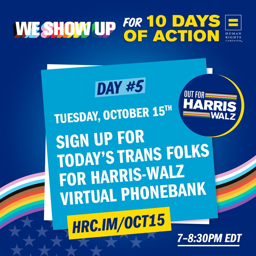 THREE WEEKS until Election Day and every moment counts. Help us get out the vote wherever you are at the Trans Folks for Harris-Walz virtual phone bank TODAY at 4pm PT and talk to voters about the high stakes of the election.

Volunteer at HRC.im/oct15