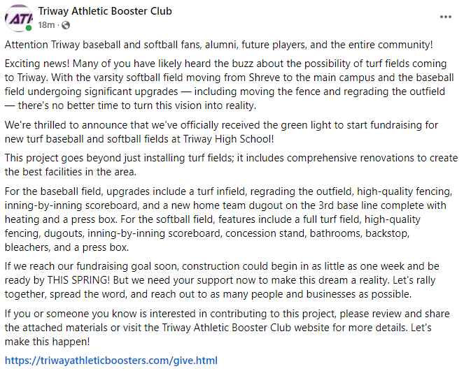 BIG news for Triway baseball and softball fans, alumni, future players, and the entire community... The much-anticipated turf field project is finally happening! Now's your chance to get involved. Visit the <a href="/TriwayBoosters/">Triway Booster Club</a>  website for all the details.
triwayathleticboosters.com/give.html