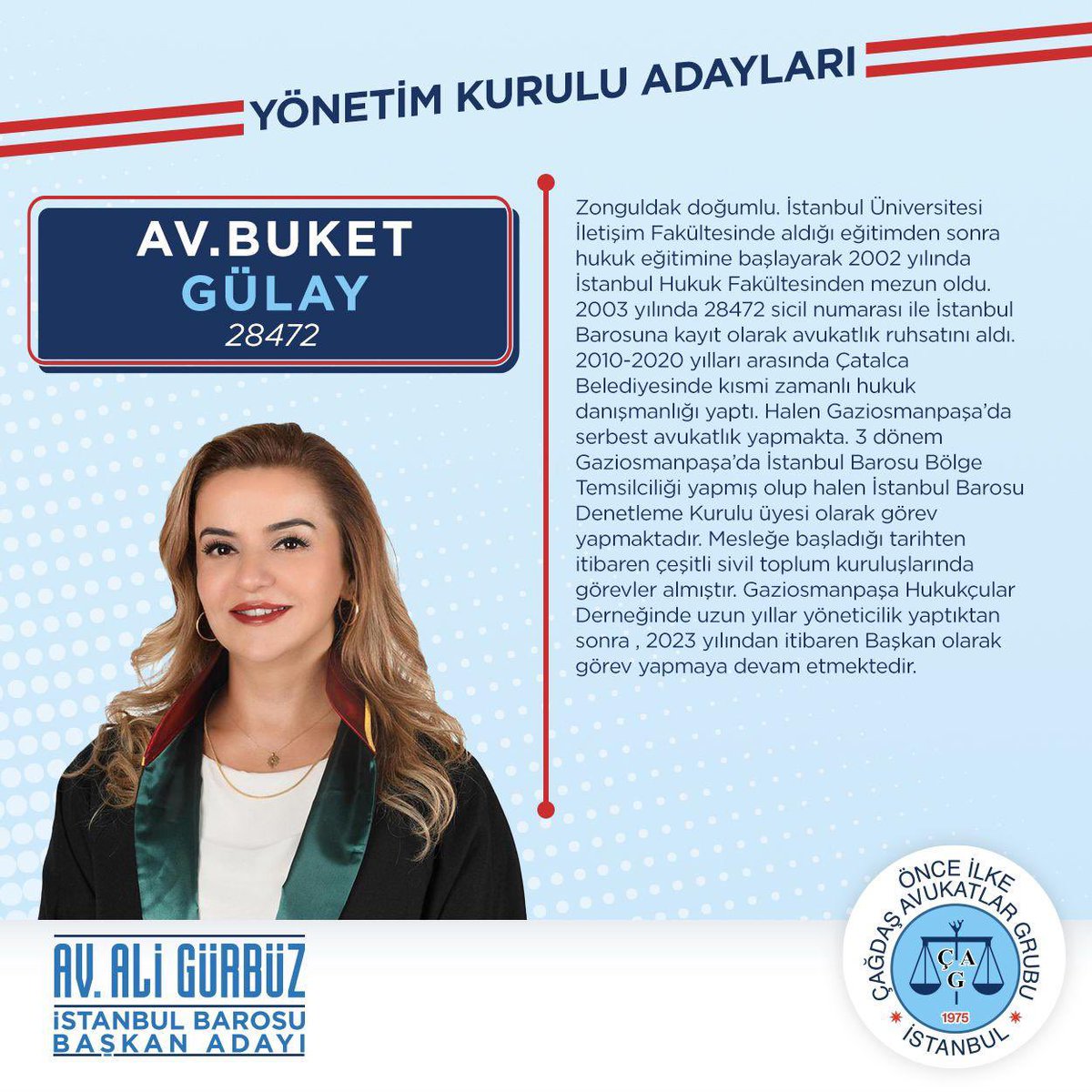 Başkan adayımız Av. Ali Gürbüz ile çıktığımız yolda, etkin, söz sahibi bir İstanbul Barosu için desteklerinizi bekliyoruz🙏🏼Birlikte başaracağız✌🏼<a href="/Avukataligurbuz/">Av. Ali Gürbüz</a> <a href="/onceilkecag2018/">Önce İlke ÇAG</a>