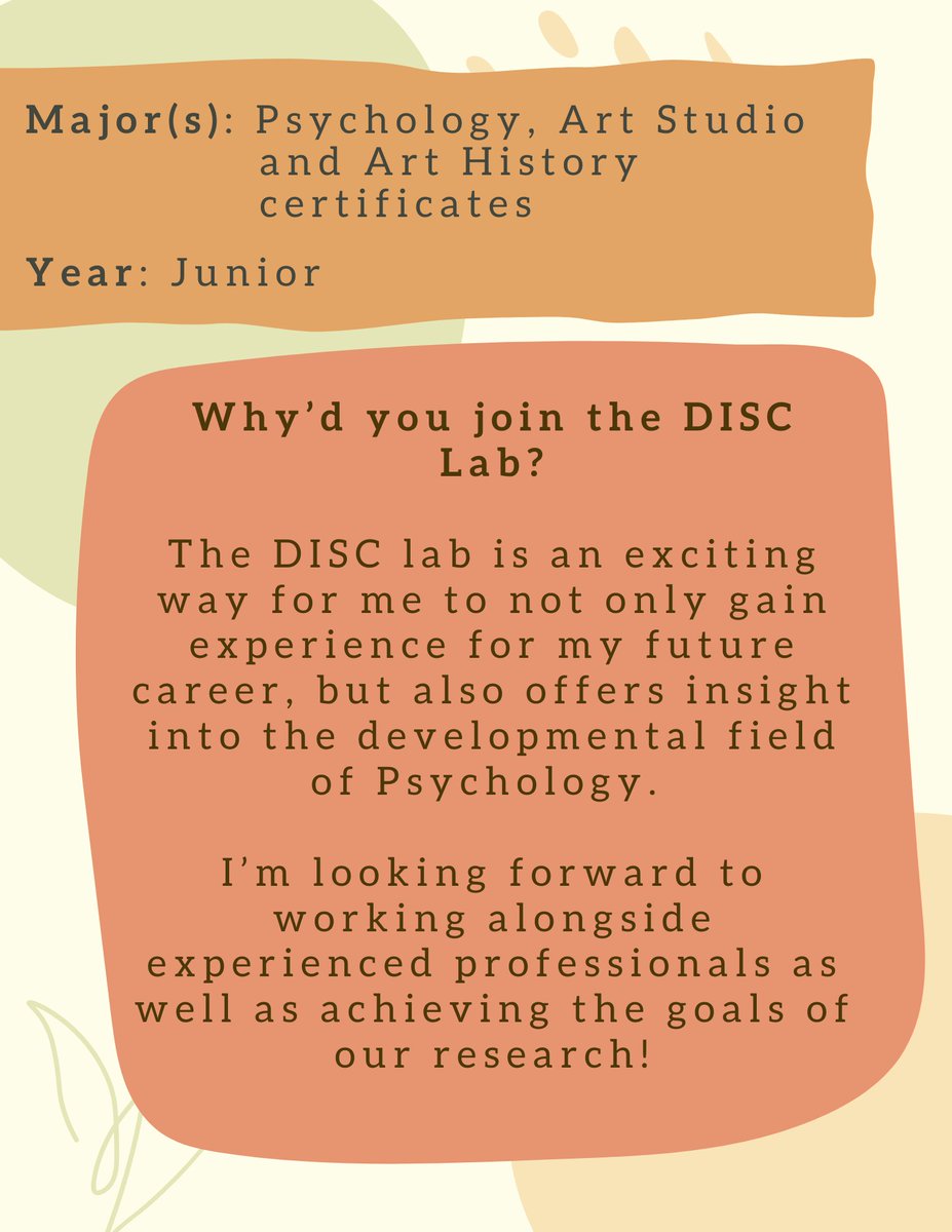 DISC_LabKids's tweet image. Meet Julia, a junior majoring in Psychology with certificates in Art Studio and Art History! 🎨 She's currently exploring the cognitive effects of chronic insomnia in older adults. 🧠💤
Julia hopes to take a gap year for more research before pursuing a master’s program!🎓