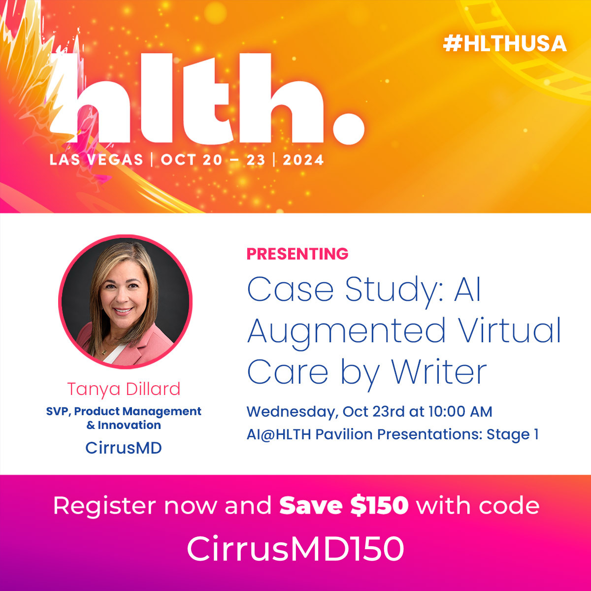 Join Tanya Dillard, CirrusMD’s SVP of Product Management and Innovation, at <a href="/HLTHEVENT/">HLTH</a> where we'll discuss how CirrusMD and <a href="/Get_Writer/">WRITER</a> are revolutionizing #healthcare delivery by leveraging generative #AI in our session, “AI Augmented Virtual Care.”

cirrusmd.com/blog/cirrusmd-…