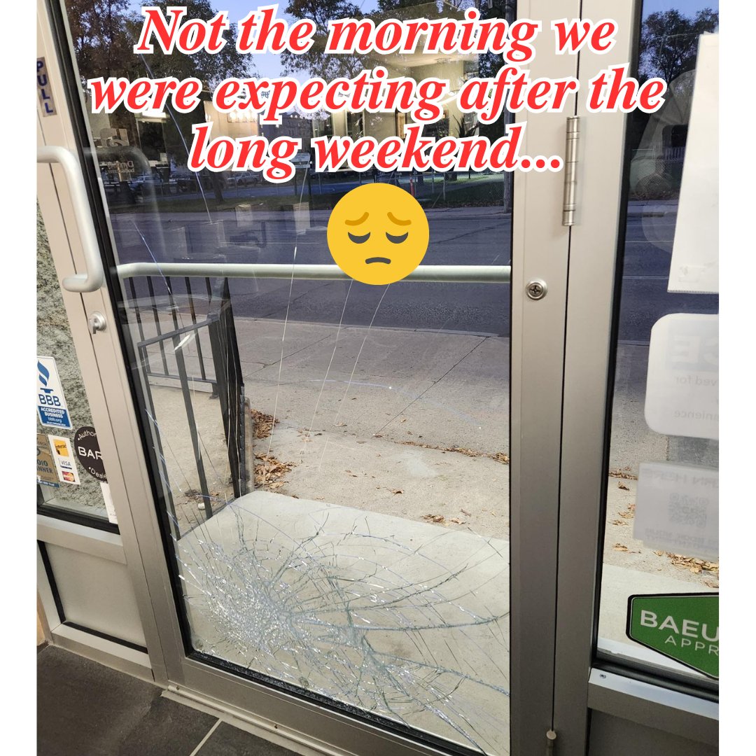 Coming back to work after the long weekend, we were greeted with something no small business wants to see—our front glass door shattered. 

#SupportLocal #SmallBusinessStruggles #TogetherForSaferCities #ManitobaBusiness