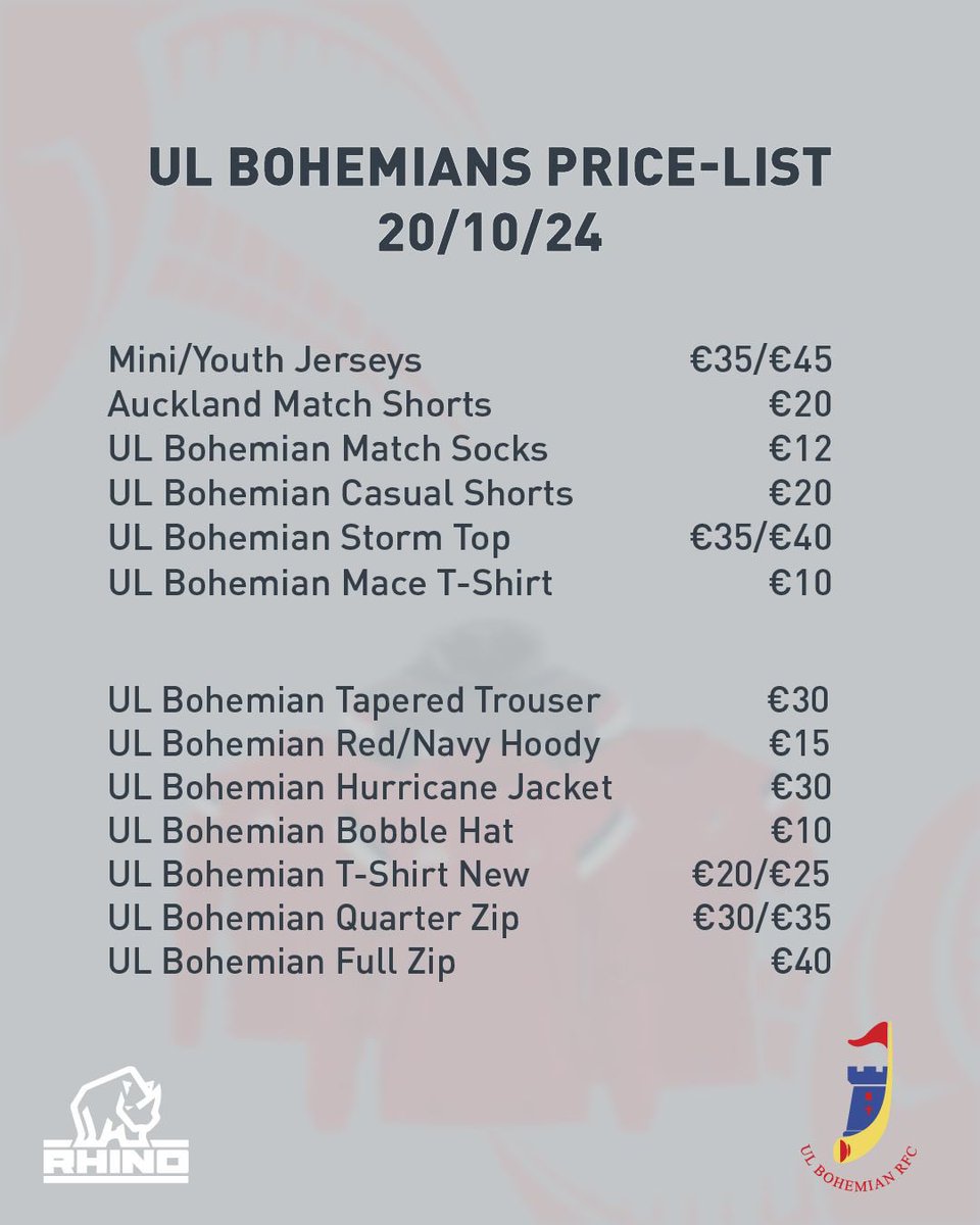 ulbohemianrfc's tweet photo. Club Shop Sale! 🦏

Rhino Rugby will have a ‘pop-up’ shop in Annacotty this Sunday 20th October with some huge discounts on UL Bohs gear 💶

From 10.00 am

• Limited Stock!
• First Come First Served! https://t.co/XyWUpxKFXy
