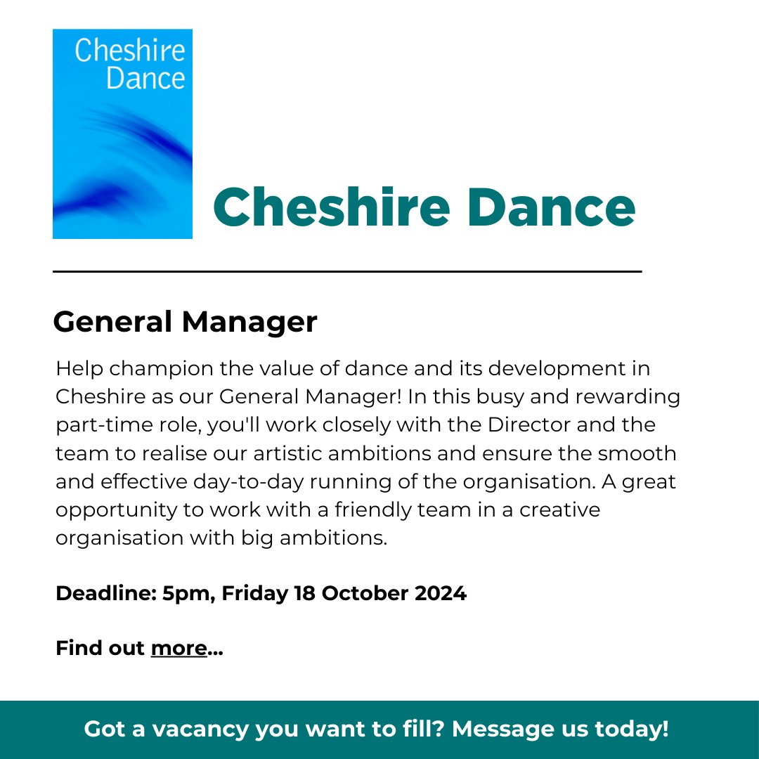 People Dancing (@peopledancinguk) on Twitter photo Job application deadline approaching! <a href="/cheshiredance/">Cheshire Dance</a> seeks a General Manager to work closely with the Director and team to realise the artistic ambitions and uphold the charitable objects of Cheshire Dance: communitydance.org.uk/DB/jobs/genera… Job application deadline approaching! <a href="/cheshiredance/">Cheshire Dance</a> seeks a General Manager to work closely with the Director and team to realise the artistic ambitions and uphold the charitable objects of Cheshire Dance: communitydance.org.uk/DB/jobs/genera…