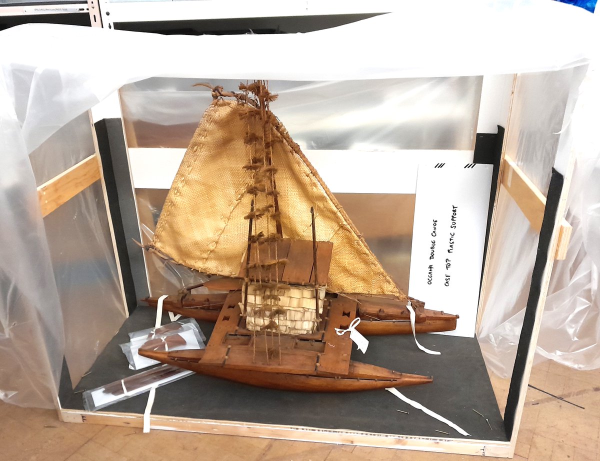 ConservationBob's tweet image. Ipswich Museum conservation. A volunteer has been cleaning a Fijian model outrigger canoe presented in 1925. The model is made of wood with vegetable fibre sail and cabin, wooden oars and bailers. Cleaned with a vacuum, a smoke sponge and swabs. Treated with microcrystalline wax.