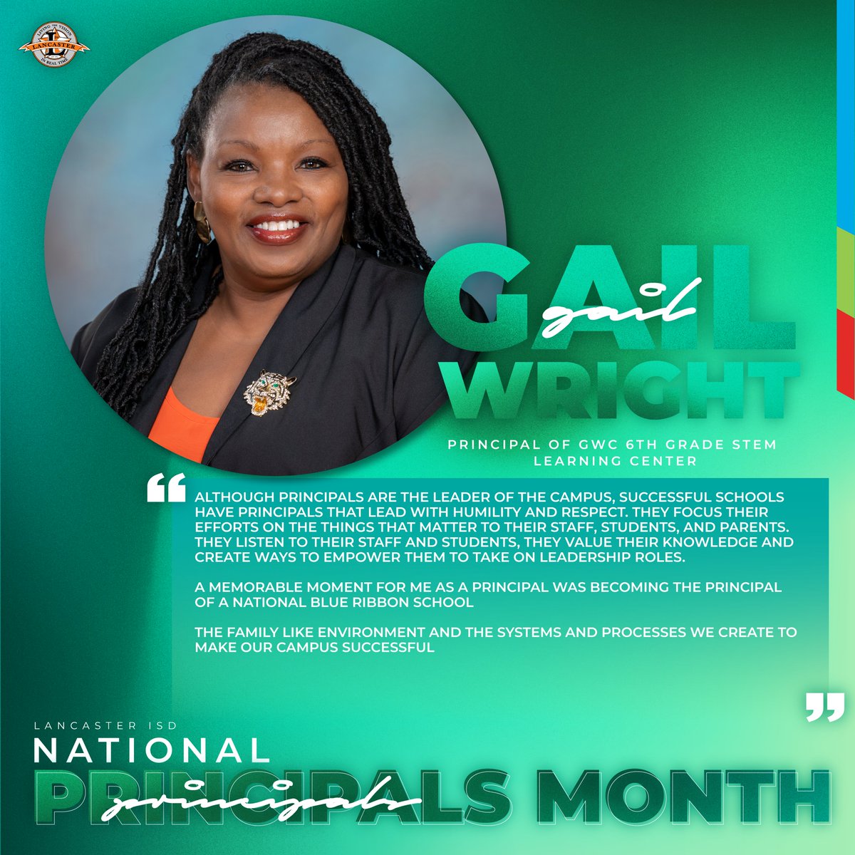 LancasterISD's tweet photo. 🌟 Continuing our #NationalPrincipalsMonth spotlight with Principal Wright from @GWCLISD🌟

We are grateful for her dedication to supporting GWC students and staff &amp; for her unwavering commitment to helping students succeed.🐅🍎

#DreamBelieveRoar
#ThankAPrincipal https://t.co/5UKIIOtnCb