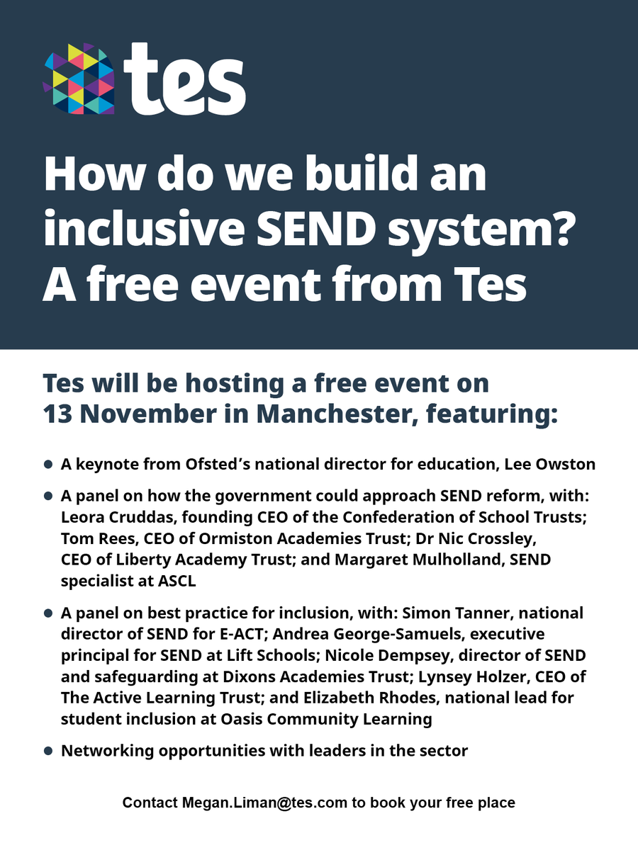 On 13 November, we are hosting a FREE event in Manchester for schools to discuss, learn and reflect on inclusion in mainstream schools. 

We have a fantastic line up - details below. 

Do email Megan to secure a place while places are still available!
