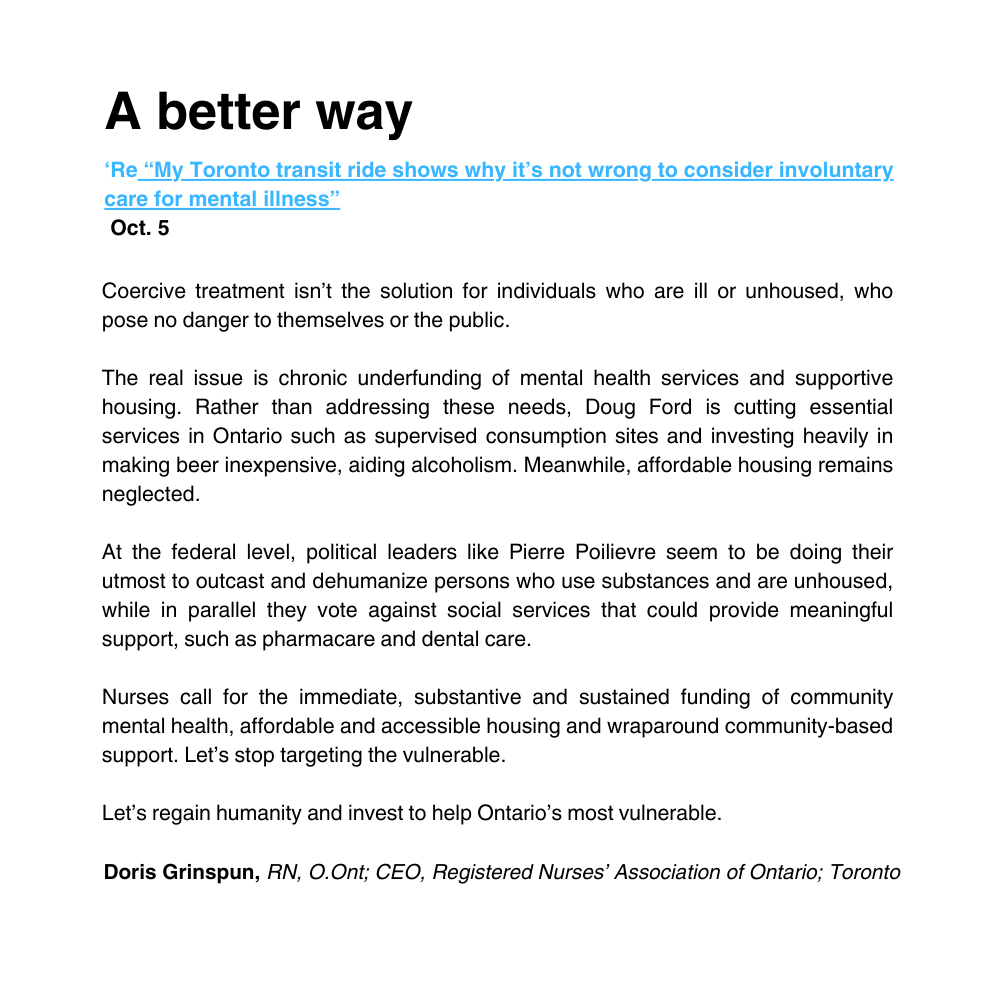 RNAO (@rnao) on Twitter photo In a letter to the editor in <a href="/globeandmail/">The Globe and Mail</a>, RNAO CEO <a href="/DorisGrinspun/">Dr. Doris Grinspun 🇨🇦 RN, PhD, FAAN, O.ONT</a> reminds <a href="/marcusbgee/">Marcus Gee</a> that "coercive treatment isn’t the solution for individuals who are ill or unhoused, who pose no danger to themselves or the public."
We need immediate, substantive & sustained funding of In a letter to the editor in <a href="/globeandmail/">The Globe and Mail</a>, RNAO CEO <a href="/DorisGrinspun/">Dr. Doris Grinspun 🇨🇦 RN, PhD, FAAN, O.ONT</a> reminds <a href="/marcusbgee/">Marcus Gee</a> that "coercive treatment isn’t the solution for individuals who are ill or unhoused, who pose no danger to themselves or the public."
We need immediate, substantive & sustained funding of