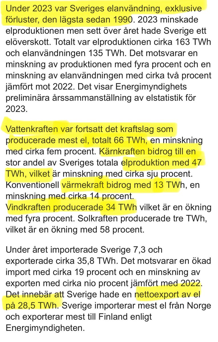 2023 var elanvändningen den lägsta sen 1990 i Sverige. Detta trots fler elbilar. Elöverskottet var 28,5 TWh #eltwitter