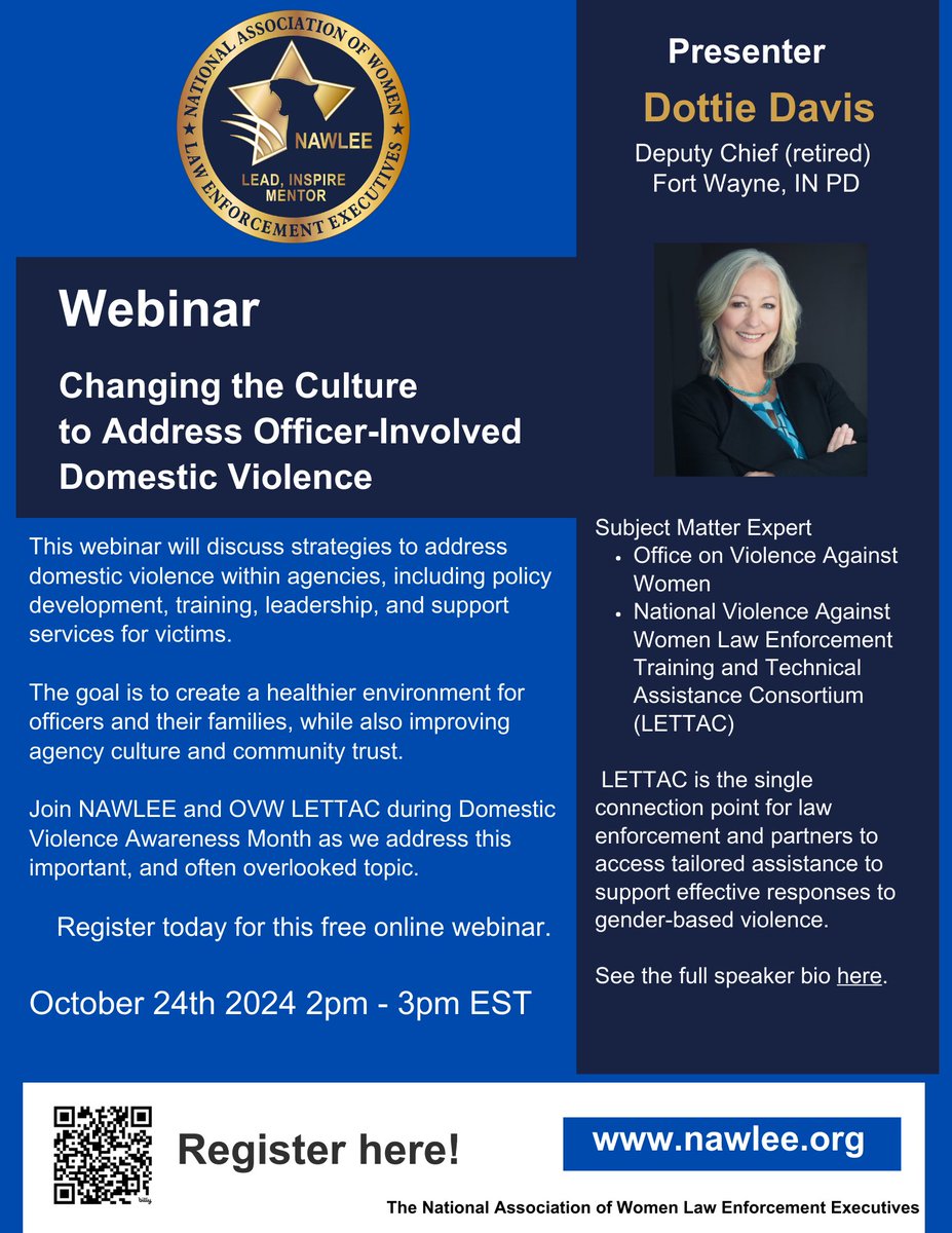 Join NAWLEE on Oct. 24, 2024 to commemorate Domestic Violence Awareness Month as we’re joined by OVW LETTAC for an important conversation about an often overlooked topic; officer involved domestic violence. Register here lnkd.in/dEcCecqA