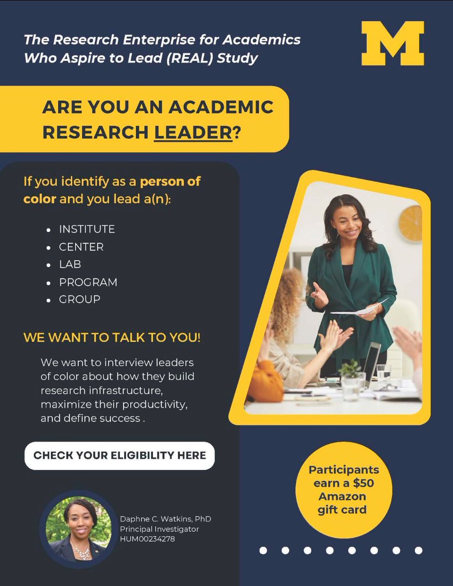 🎉 I am excited to launch The "REAL" Study, that focuses on: 

How do faculty members of color build research infrastructure, maximize productivity, and define success? 

If you lead a research institute, center, lab, program, or group, click here: shorturl.at/UGcYb