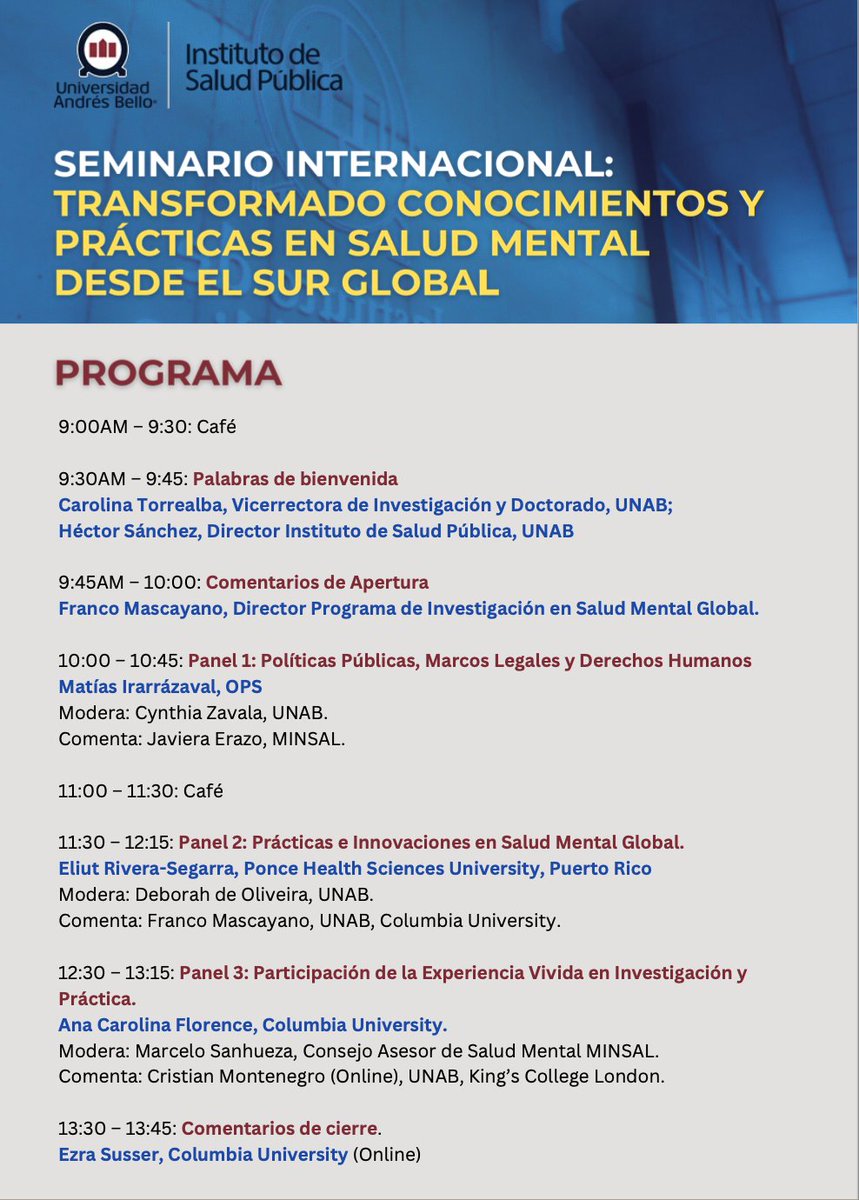 Cristian Montenegro 🍉 (@cris_monteneg) on Twitter photo Seminario Internacional: Transformando conocimientos y prácticas en salud mental desde el sur global.
4 de Noviembre. 9:00 - 14:00.
Salón Aznar, Instituto de Salud Pública, <a href="/uandresbello/">U. Andrés Bello</a>.
Inscripción: bit.ly/48agZqX Seminario Internacional: Transformando conocimientos y prácticas en salud mental desde el sur global.
4 de Noviembre. 9:00 - 14:00.
Salón Aznar, Instituto de Salud Pública, <a href="/uandresbello/">U. Andrés Bello</a>.
Inscripción: bit.ly/48agZqX