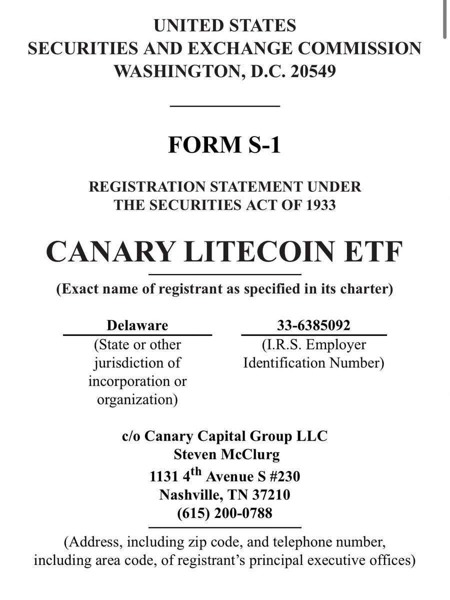 JSeyff's tweet photo. New ETF issuer Canary (who recently filed for a Ripple XRP ETF) just filed for a Litecoin ETF https://t.co/MfQl7mzlI3