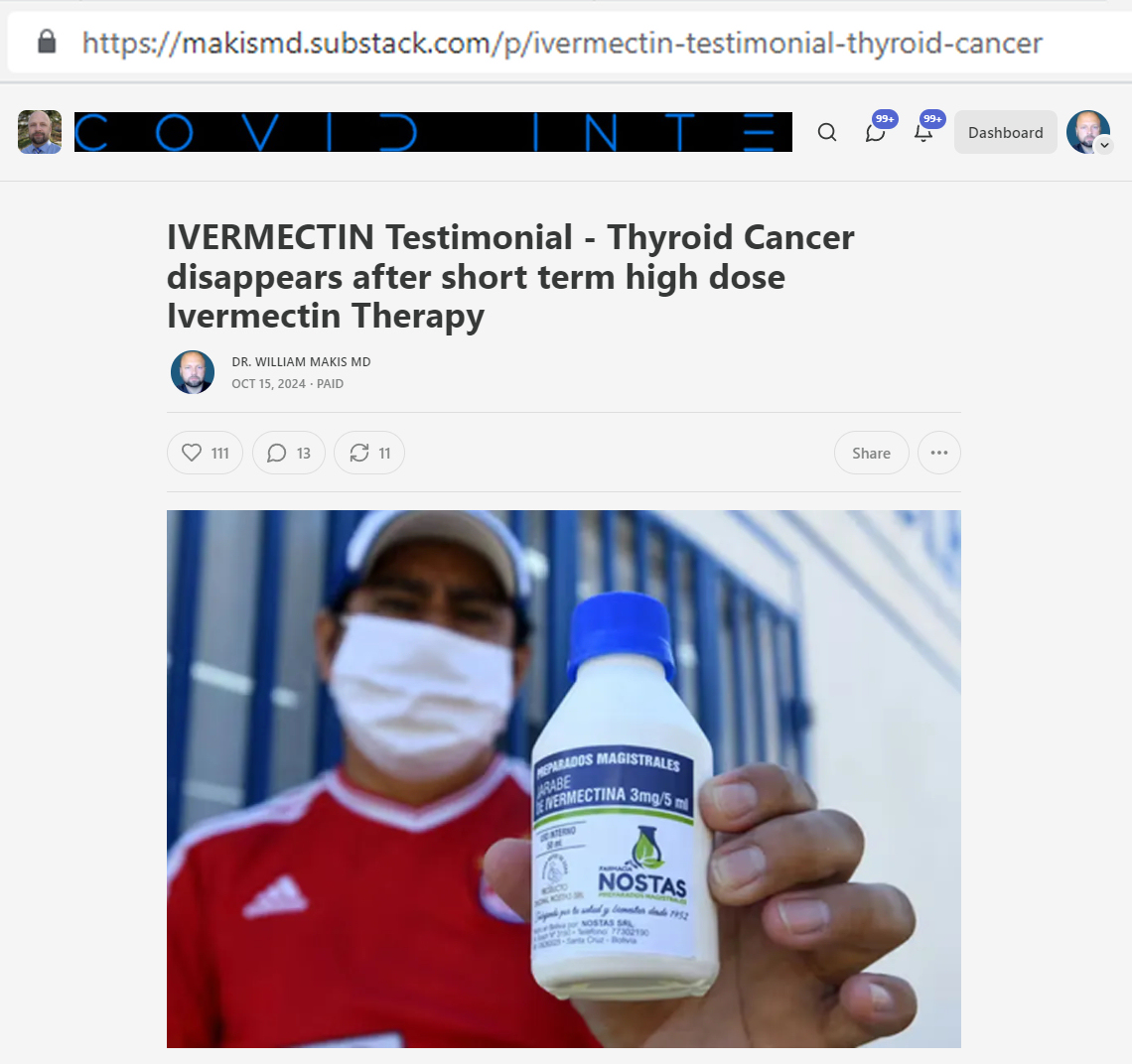MakisMedicine's tweet image. NEW ARTICLE: IVERMECTIN Testimonial - Thyroid Cancer disappears after short term high dose Ivermectin Therapy

Another Ivermectin success story 😃

I will be posting Ivermectin, Mebendazole and Fenbendazole success stories here and believe me, there are going to be thousands.…