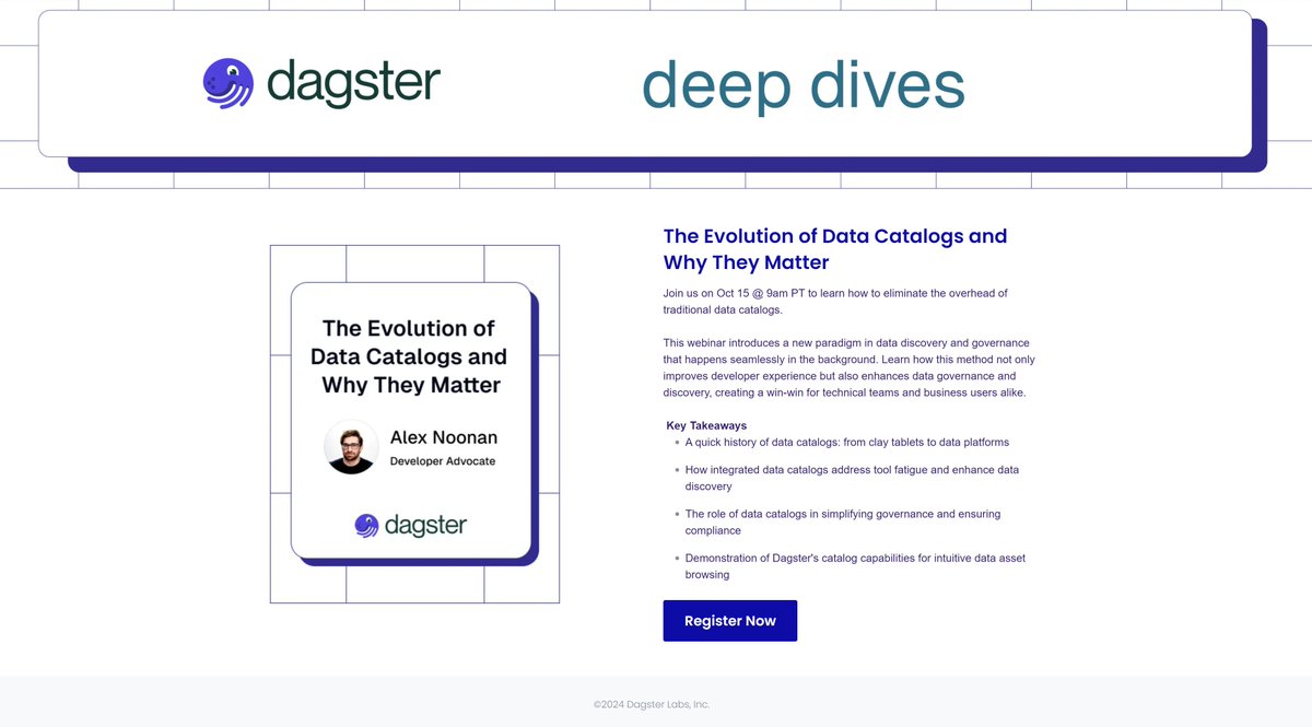 ETLツールで有名なdbtとセットで語られるデータオーケストレーションツール「dagster」セミナーに参加し、デモを見たが、ある程度データ基盤が大きくなり運用課題が出てくるとこういったサービスも必要かも。トライアルや学習コンテンツもあるらしいので触ってみようかな。
dagster.io