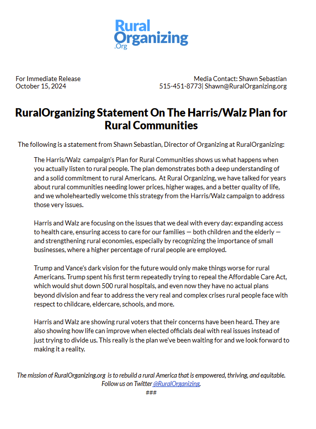 .<a href="/RuralOrganizing/">RuralOrganizing.org</a>'s statement:

"The <a href="/KamalaHarris/">Kamala Harris</a> campaign’s Plan for Rural Communities shows us what happens when you actually listen to rural people ... This is really the plan we’ve been waiting for and we look forward to making it a reality."