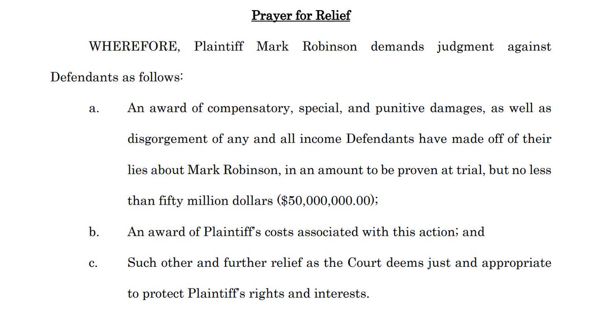 TheSGTJoker's tweet photo. I'm about 99.9% sure that @markrobinsonnc isn't permitted to list $50M in damages in NC Superior Court filing in a defamation case, which just leads me to believe, even more, that this clown's lawsuit is just more hogwash. #ncpol #nogov https://t.co/gOnPGoIAwa