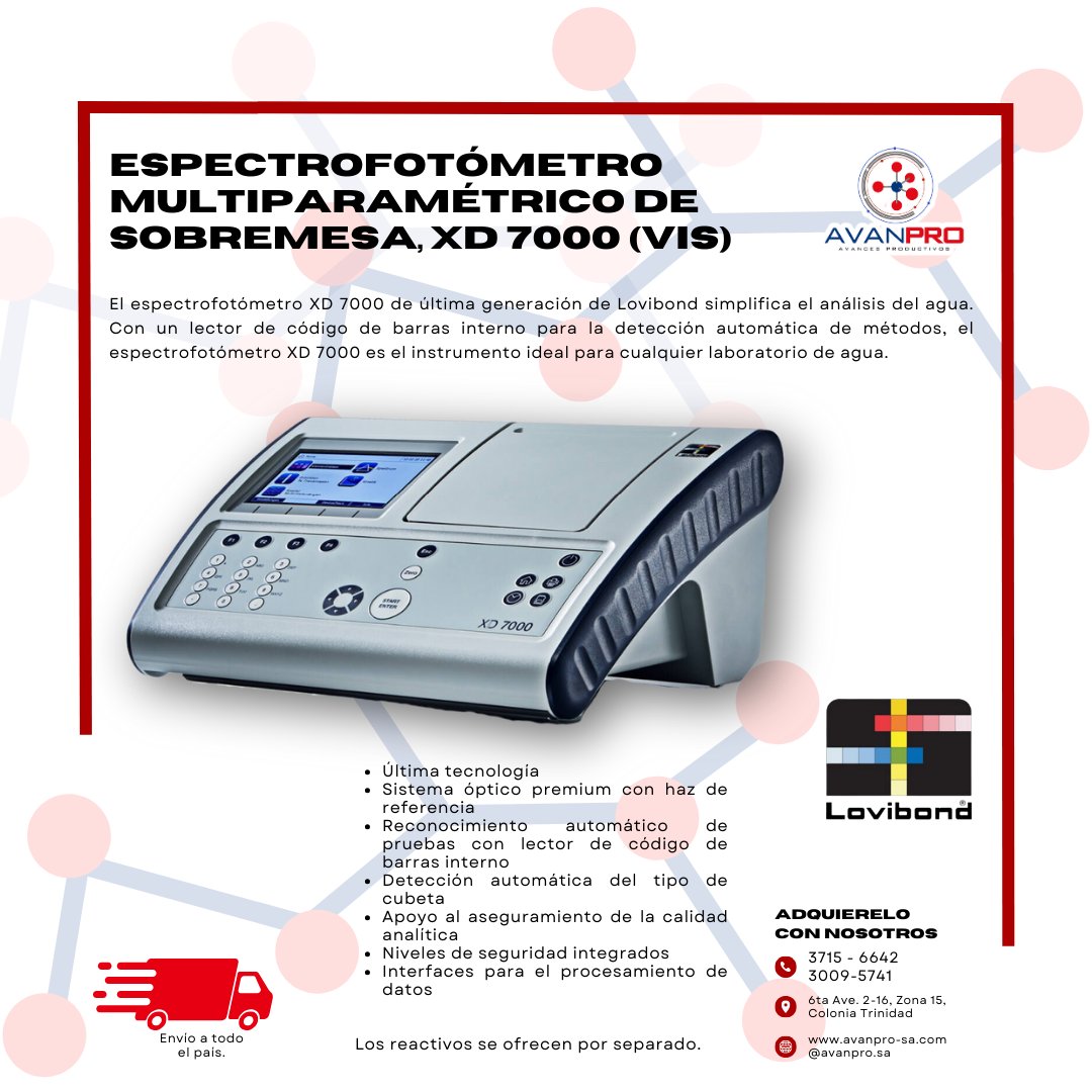AvanproS's tweet photo. Espectrofotómetros Lovibond, ideales para análisis (UV-VIS-VIS)

Modelos disponibles:
-Lovibond® Fx: Tecnología para análisis especializado.
-XD 7500 (UV-VIS): Rangos ultravioleta y visible. 
-XD 7000 (VIS): Espectro visible.

📲 Contáctanos
#Lovibondguatemala #Espectrofotómetros https://t.co/skfW7HDmjb