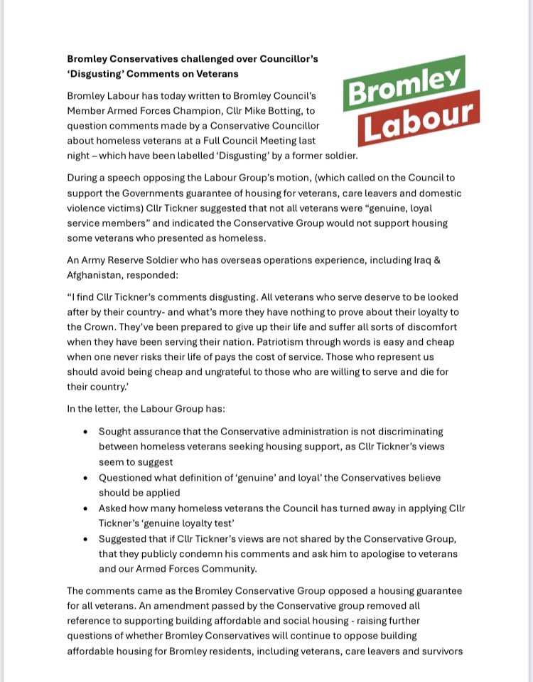 simon_jeal's tweet photo. ‘Disgusting’ comments made by a Conservative @LBofBromley Cllr last night, suggesting some homeless veterans are not “genuine, loyal service members” &amp; did not deserve housing. 

I’ve written to the Council Armed Forces Champion asking if they share, or will condemn, his views. https://t.co/EMXtCx6At7