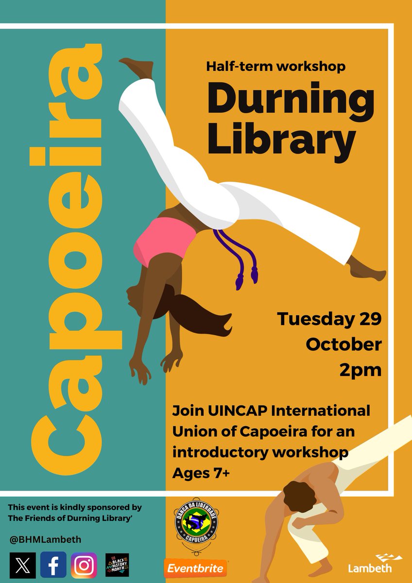 Durning Library SE11 (@durninglibrary) on Twitter photo During half-term, we will be hosting an exciting Capoeira workshop led by the International Union of Capoeira (UINCAP) as part of our Black History Month Festival. Suitable for ages 7+. Free bookings at: tinyurl.com/2mus3dan #BHM2024 #Capoeira <a href="/BHMLambeth/">Lambeth Black History Month</a> <a href="/lamlibs/">Lambeth Libraries</a> 🤸🏿🇧🇷 During half-term, we will be hosting an exciting Capoeira workshop led by the International Union of Capoeira (UINCAP) as part of our Black History Month Festival. Suitable for ages 7+. Free bookings at: tinyurl.com/2mus3dan #BHM2024 #Capoeira <a href="/BHMLambeth/">Lambeth Black History Month</a> <a href="/lamlibs/">Lambeth Libraries</a> 🤸🏿🇧🇷