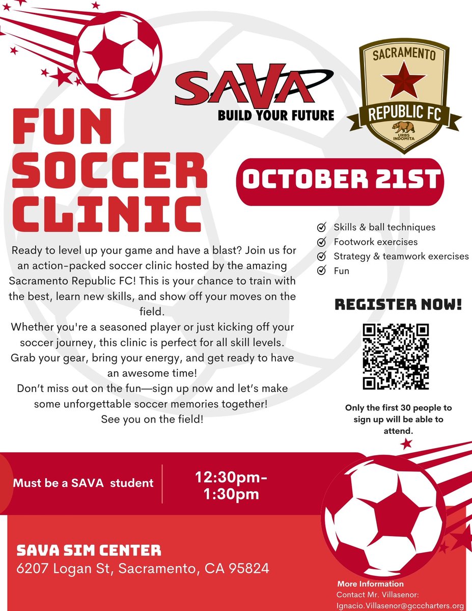 SAVA_Charter's tweet image. Students! Sign up for our next soccer clinic with @sacrepublicfc @gcc_charters #loveteachguide#gcc_elevateourimpact #gcc_teamup