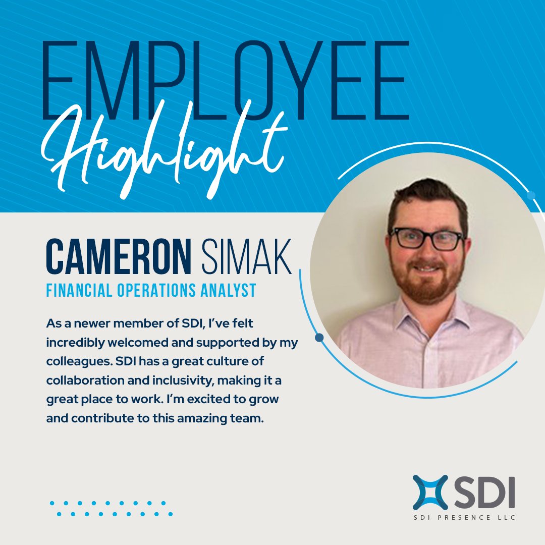Meet Cameron Simak, SDI’s Financial Operations Analyst! As a newer team member, Cameron has enjoyed a warm welcome from #TeamSDI. He’s excited to grow and contribute, calling SDI’s culture of #collaboration and #inclusivity a key reason it’s such a great place to work!