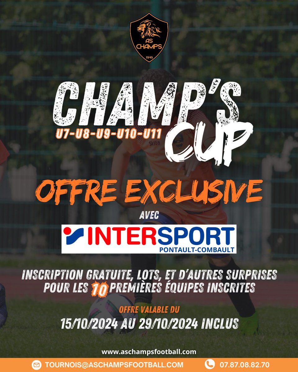 ASChampsFoot's tweet photo. [CHAMP'S CUP]
Inscrivez-vous gratuitement grâce à notre partenaire Intersport Pontault-Combault à nos tournois U7/U8/U9/U10/U11 
Attention seulement 10 clubs pourront bénéficier de cette offre 🤩 dépêchez-vous de vous inscrire.
#aschampsfootball #champscup #Intersport #partenaire https://t.co/PgEAnGYDef