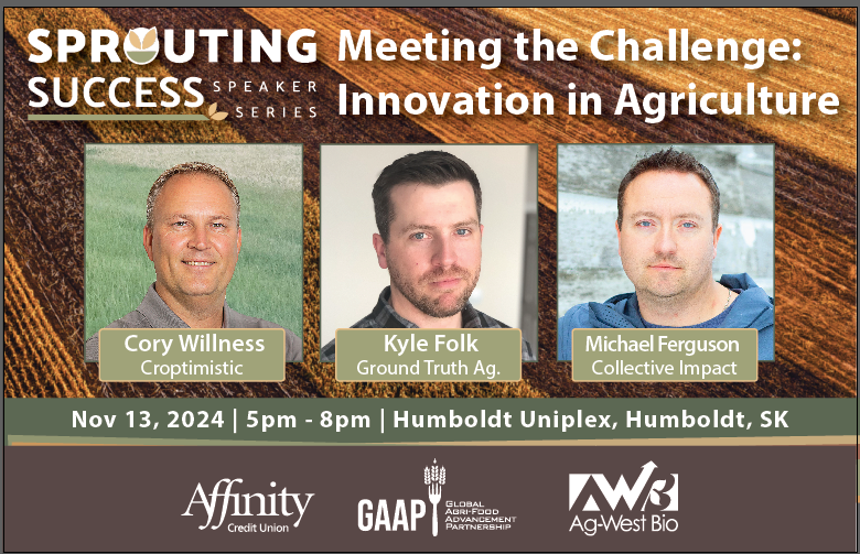 GAAPVC's tweet image. 🌱 Sprouting Success Speaker Series - Meeting the Challenge: Innovation in Agriculture 🌱  is back, and we are heading to Humboldt, Sk! 
Presented by @Affinity_CU  and @agwestbio  and supported by @GAAPVC 

Join us on November 13th at 5:00pm to hear from Michael Ferguson…