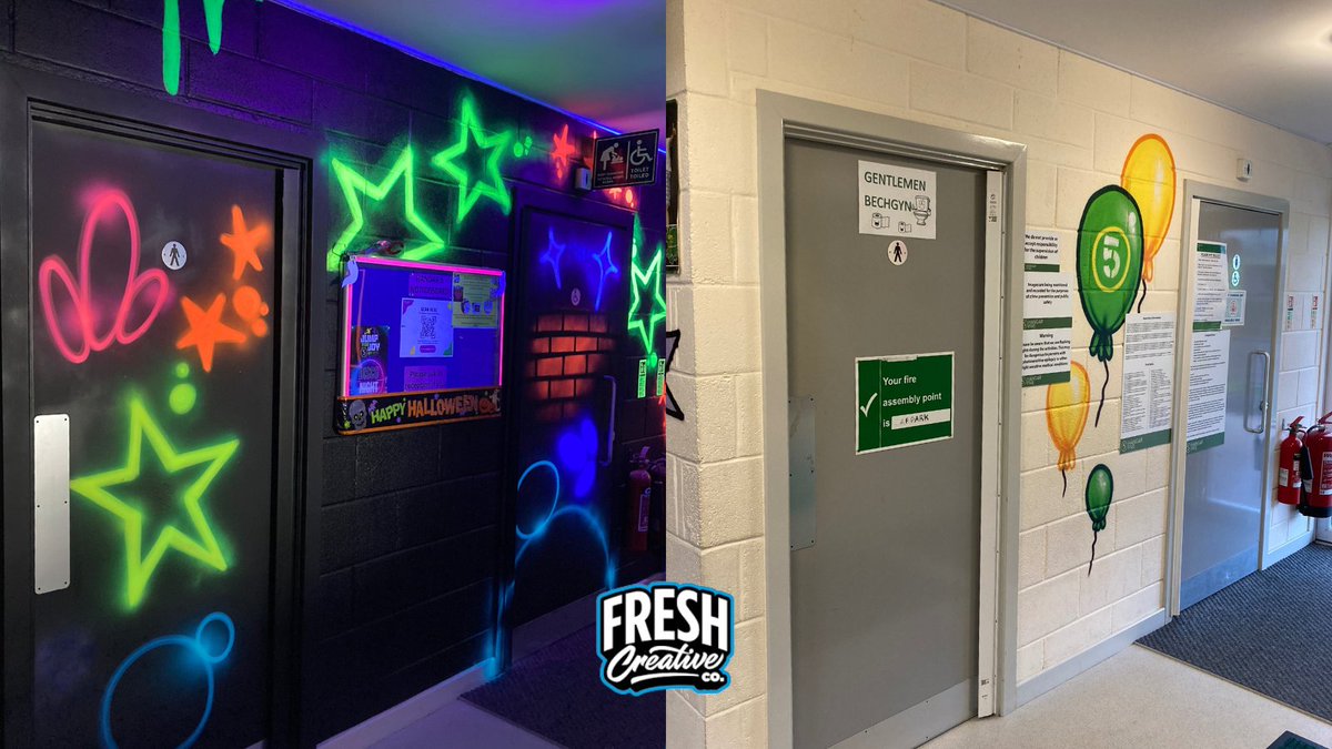 We’re back at @Hangar5Wales for our fourth project! This time, we’re giving the reception area and doors a fresh look with black paint, bold patterns, and UV spray for an extra pop. #Hangar5 #CreativeUpdate #UVArt