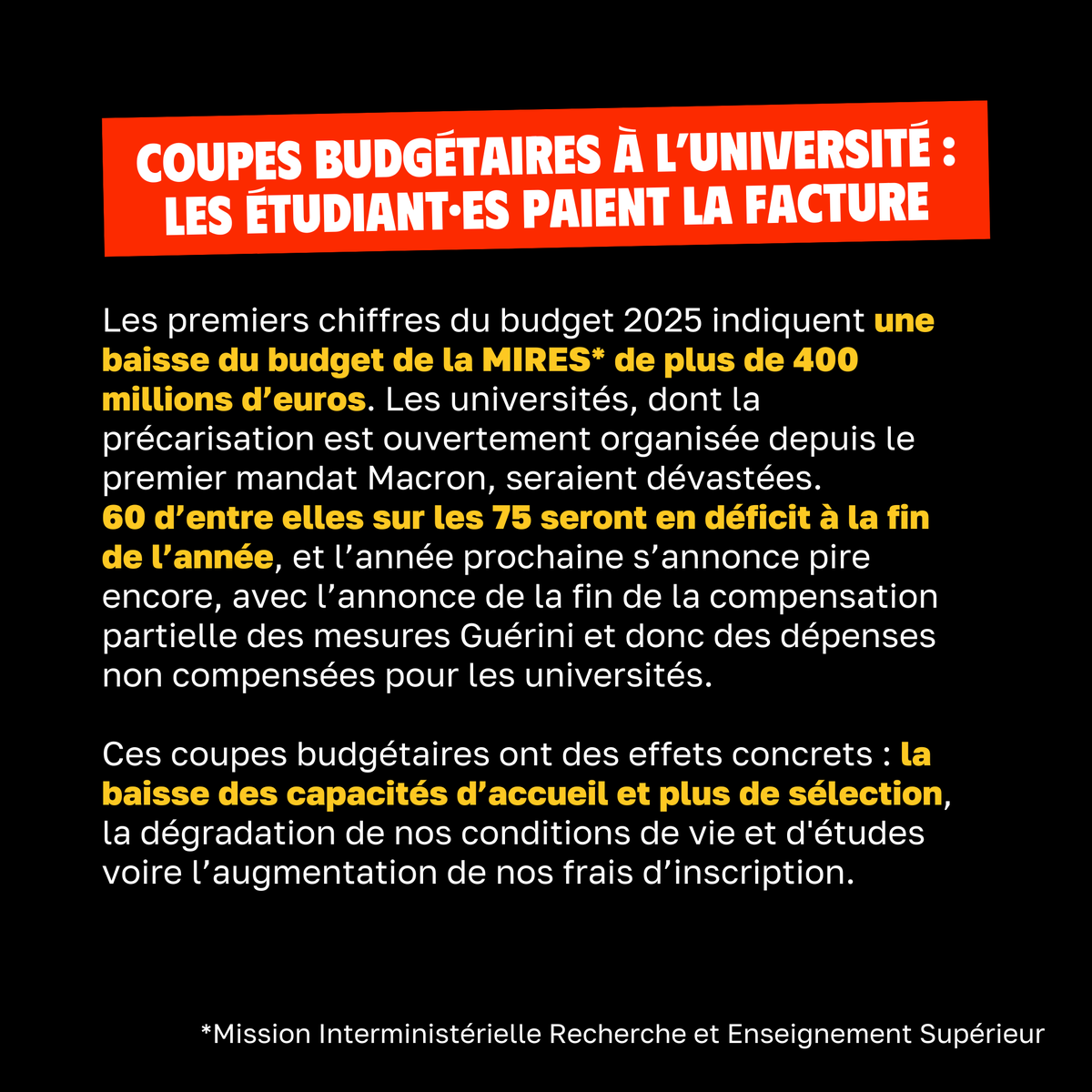 unionetudiante_'s tweet photo. 🔴 Budget 2025 : près de 50 000 étudiant·es vont perdre leur bourse ! Macron et Hetzel avec le projet de loi de finance qui prévoit une baisse du budget de la vie étudiante pour 2025, enfoncent encore plus les étudiant·es dans la précarité ! ⤵️

#7anssousmacron https://t.co/uxlyDu0ZZW