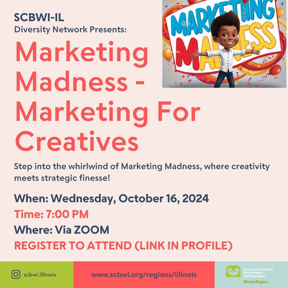 Join the Diversity Network tomorrow 10/16 7:00 pm for Marketing Madness for Creatives! Register to attend via link in our profile! #scbwi #scbwiillinois Free for everyone!