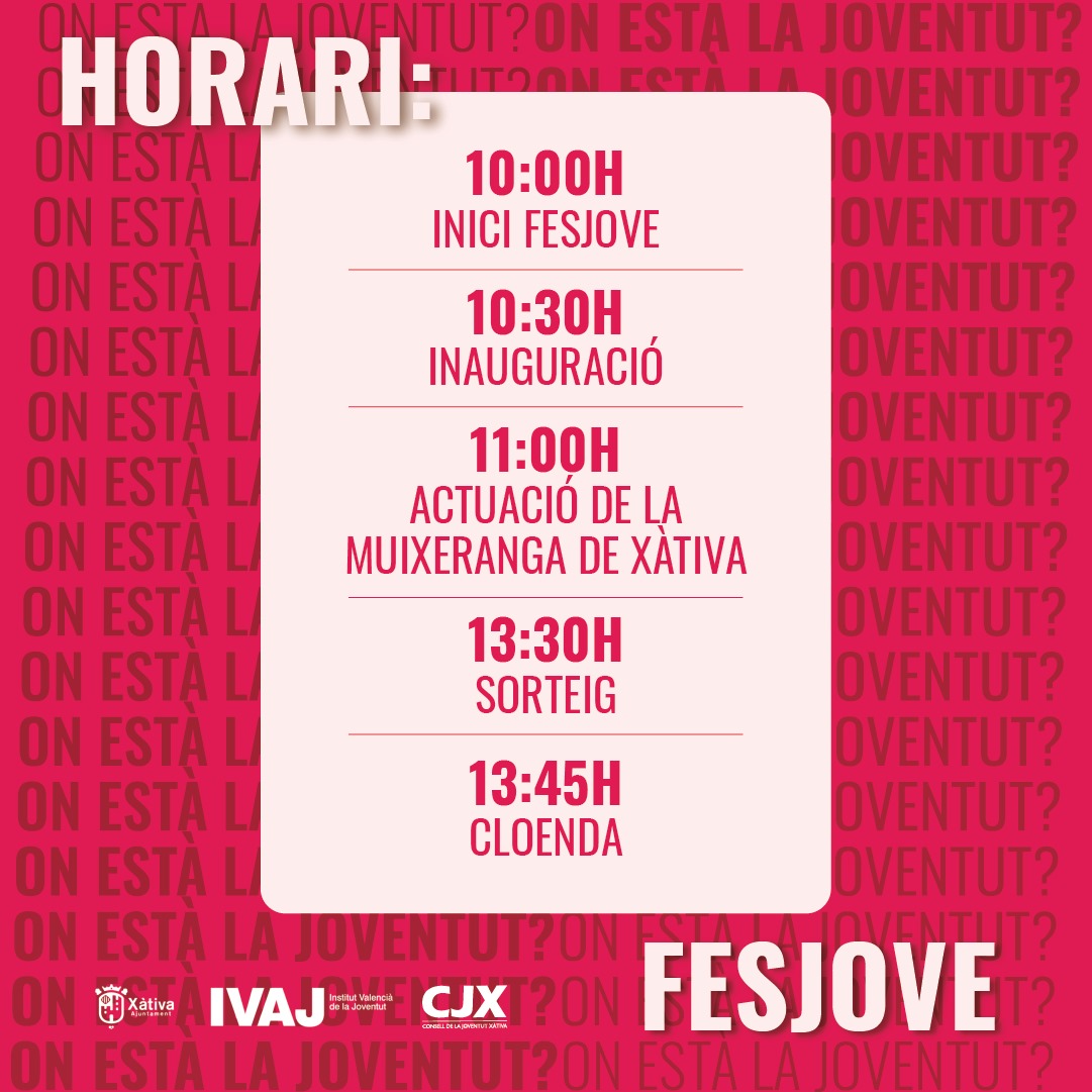 𝐇𝐎𝐑𝐀𝐑𝐈 𝐅𝐄𝐒𝐉𝐎𝐕𝐄 𝟐𝟎𝟐𝟒
🕛Vos deixem l'horari per a la FesJove d'aquest dissabte 19 d'octubre!

Esteu molt atentes a les següents publicacions que tenim una sorpresa🤭

🗓 Dissabte 21 d'octubre
⏰️ De 10h a 14h
🚩 En l'Albereda Jaume I!
Vos esperem amb moltes ganes!