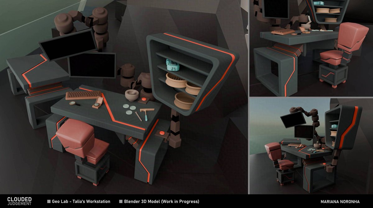 WIP! I'm modelling Talia's workstation on the geo lab! I'm getting back into 3D, and enjoying the design opportunities it offers.

 I'll come back to this and add more detail and set dressing, but I'm happy with how it's evolving so far and wanted to share! :))